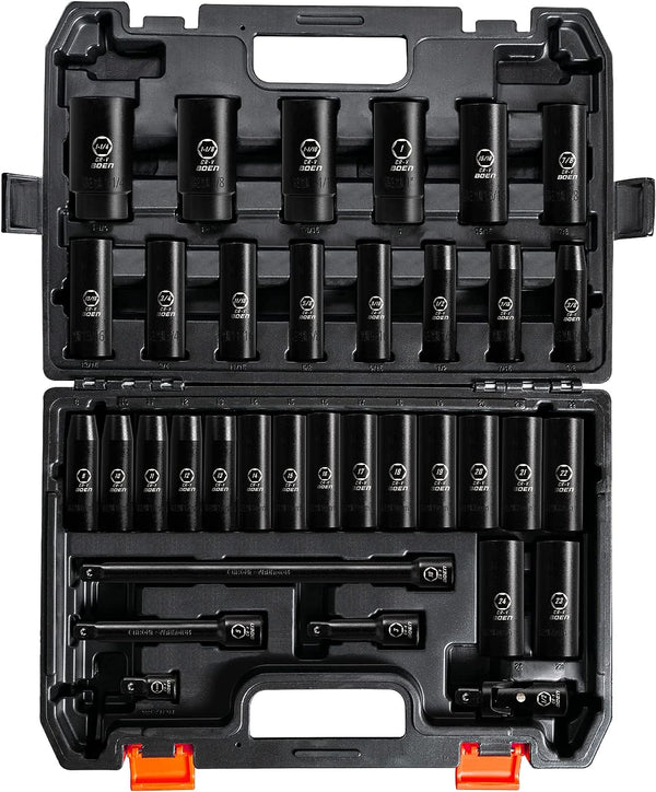BOEN S2 35-Piece 1/2" Drive Deep Impact Socket Set 3/8"-1-1/4" &  8-24mm - Black - Like New