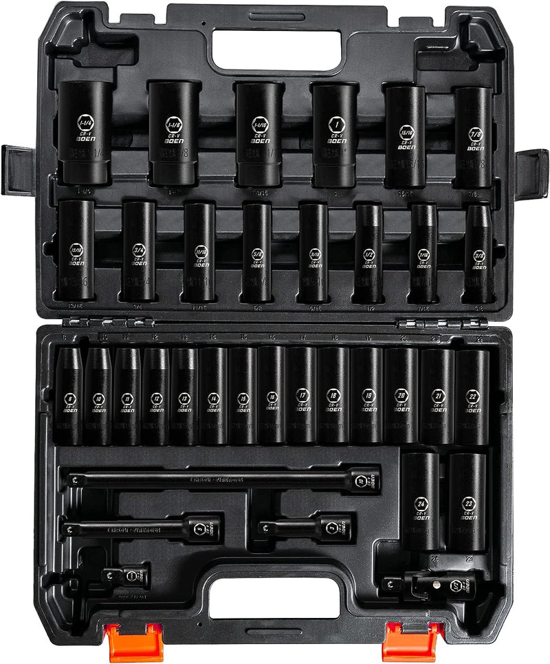BOEN S2 35-Piece 1/2" Drive Deep Impact Socket Set 3/8"-1-1/4" &  8-24mm - Black - Like New