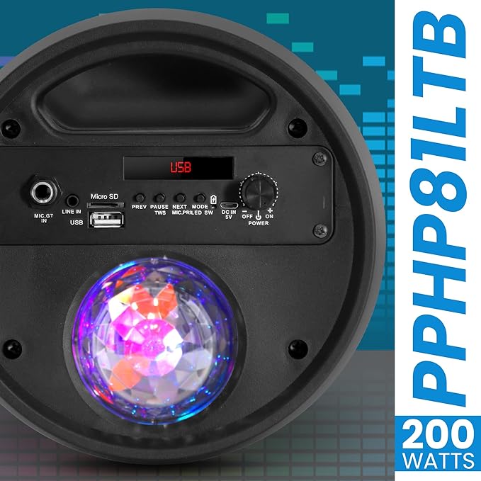 PYLE portable bluetooth speaker 200W 8" rechargeable karaoke PPHP81LTB - Black Like New