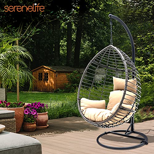 SereneLife Brown Wicker Rattan Egg Chair with Washable Cushions SLGZ0EGBL - Like New