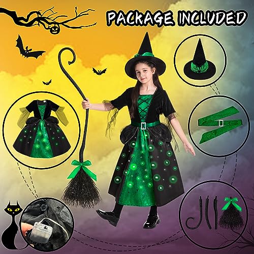 Poshetion Witch Costumes Light Up Halloween Witch Dress Witch Broom Hat - Green - Like New