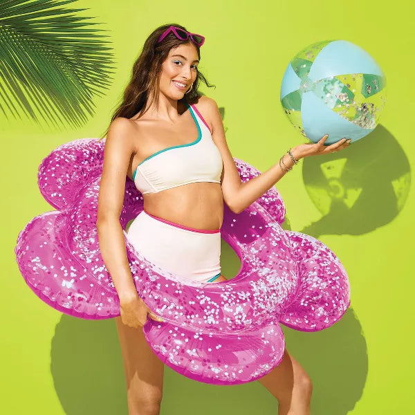 SUN SQUAD FLOWER TUBE SMS WATER FLOATS AND INFLATABLES - SLIVER GLITTER/PINK - Like New