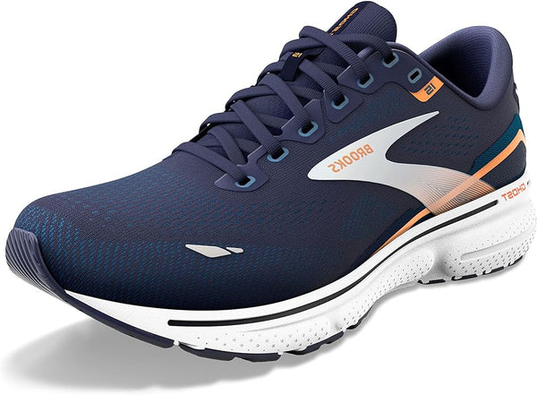 1103931D439 BROOKS MEN GHOST 15 RUNNING SHOE, SIZE 13, PEACOAT/BLUE/ORANGE POP Like New