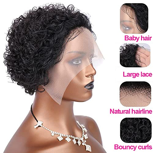 YKHJH 13x4 SHORT CURLY HUMAN HAIR WIGS PIXIE CUT WIG HUMAN HAIR 6 INCH - BLACK - Brand New