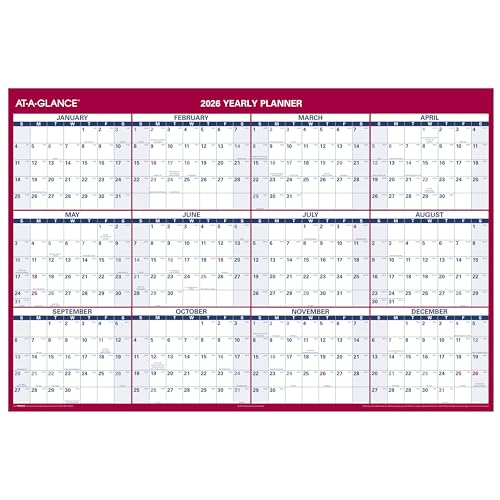 AT-A-GLANCE 2026 ERASABLE CALENDAR DRY ERASE WALL PLANNER 48" X 32" - RED/WHITE - Like New