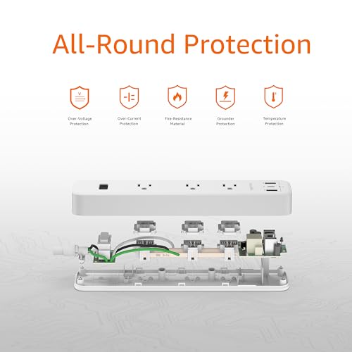 AMAZON BASICS RECTANGLE POWER STRIP 3 OUTLET 3 USB PORTS 5 FT CORD - WHITE - Like New