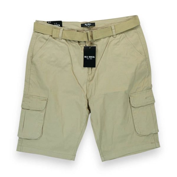 BLU ROCK NEW YORK MENS FLEX STRETCH BELTED CARGO SHORTS - SIZE: MEN 36 - KHAKI - Brand New