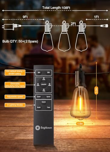 BRIGHTOWN 108FT OUTDOOR STRING LIGHTS LED PATIO LIGHTS WITH 52 SHATTERPROOF LED - Like New