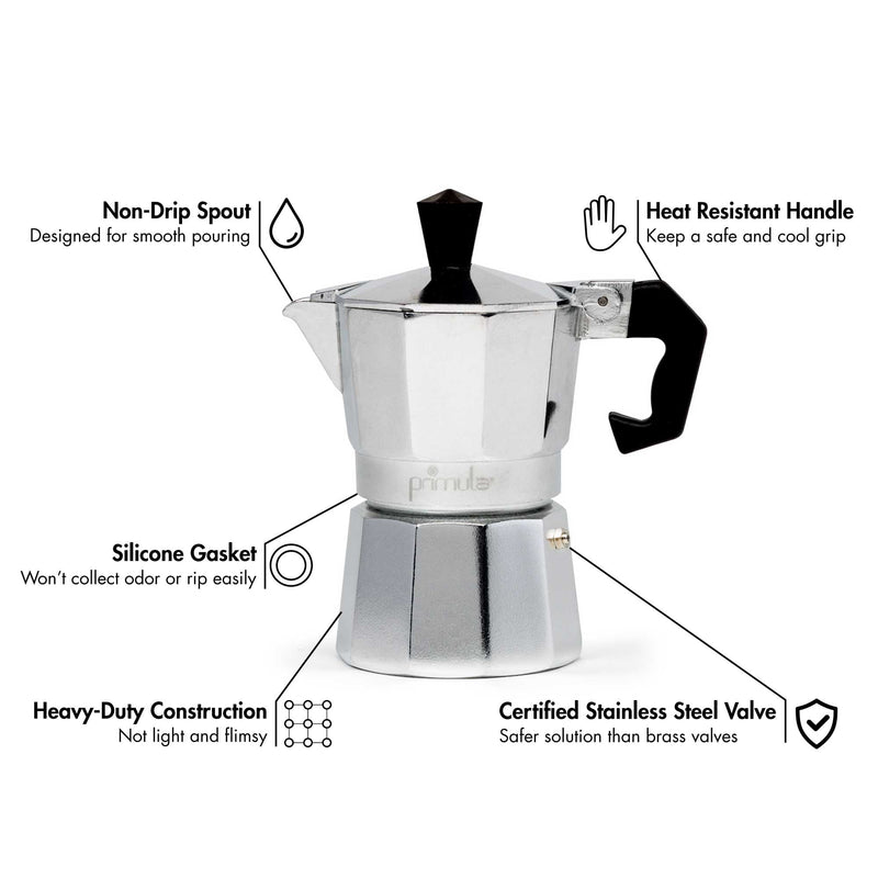 PRIMULA ALUMINUM 1 CUP STOVETOP ESPRESSO MAKER - POLISHED - SLIVER - Like New