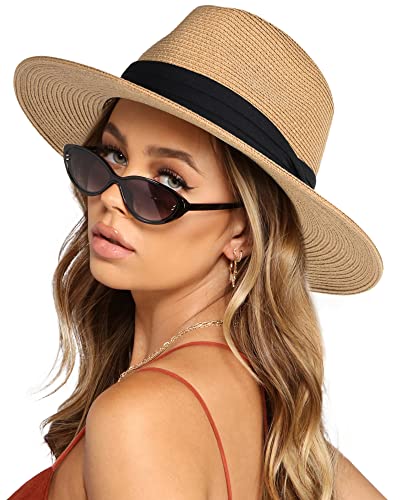 FURTALK Womens Mens Wide Brim Straw Panama Hat Fedora Summer Beach Sun Hats - Brand New