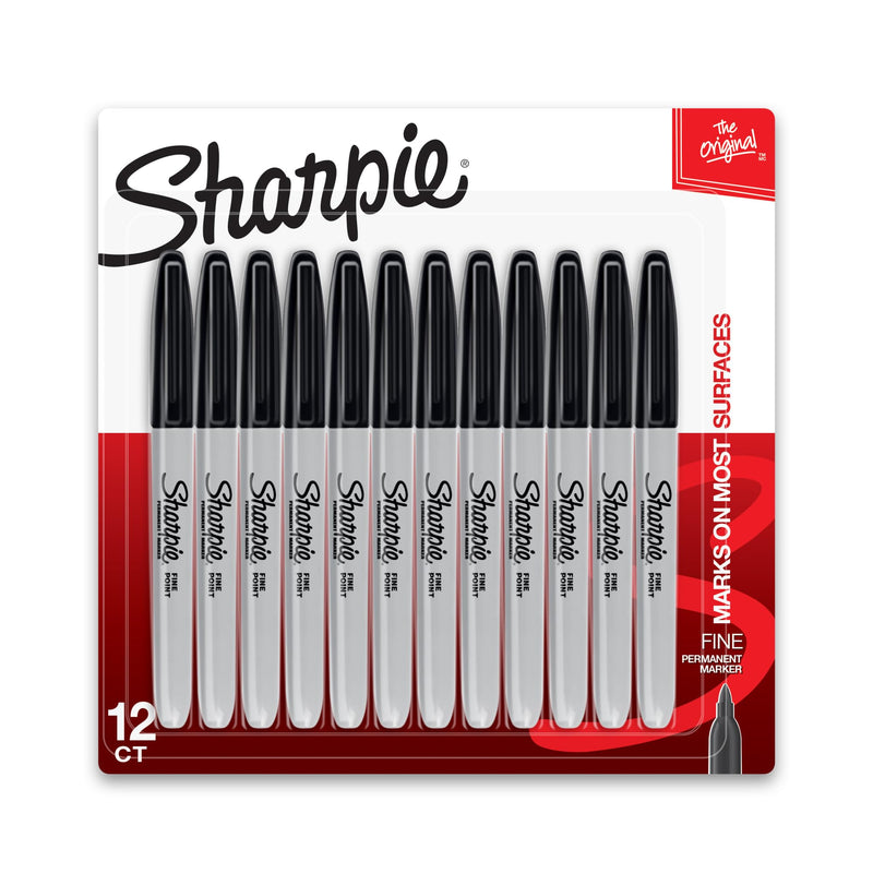 SHARPIE PERMANENT FINE-POINT MARKERS GRAY BARREL BLACK INK PACK 12 MARKERS - Brand New