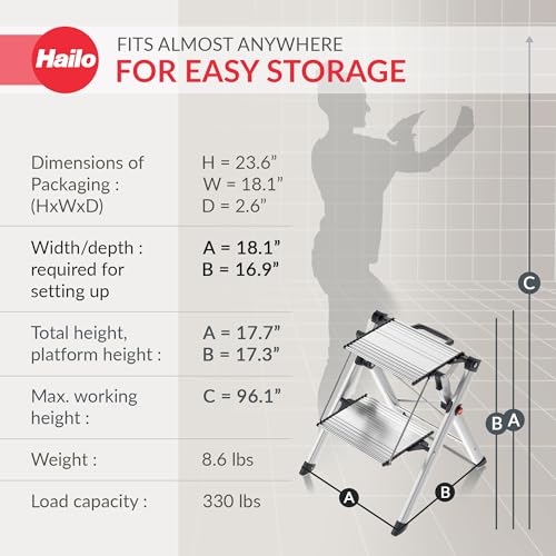 HAILO MINI STEEL STEP STOOL TWO LARGE ANTI-SLIP STEPS - SILVER - Like New