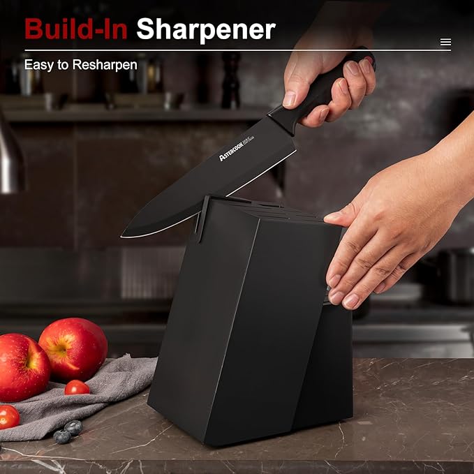 Astercook 15 Piece Knife Set Sharpener Block German Stainless Steel - BLACK - Like New