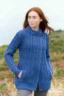 ARAN CRAFTS MERINO WOOL SWEATER CARDIGAN WITH BUTTON CLOSURE - SIZE: L - BLUE - Like New