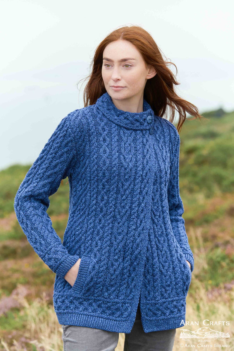 ARAN CRAFTS MERINO WOOL SWEATER CARDIGAN WITH BUTTON CLOSURE - SIZE: L - BLUE - Like New