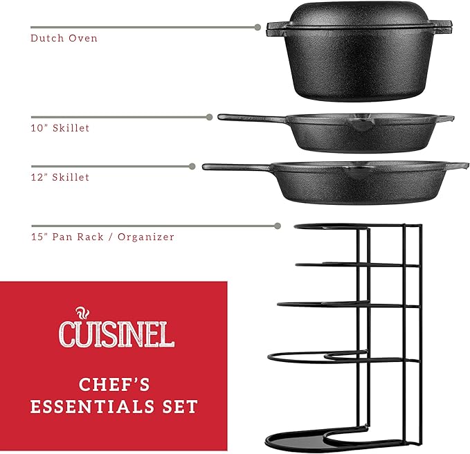 Cuisinel Cast Iron Cookware 8 Pieces 10" + 12" Skillet + 5-Quart CB-502 - Black Like New