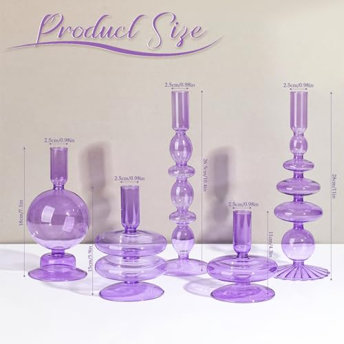 RTTERI 5 PCS GLASS CANDLESTICK HOLDERS COLORFUL GLASS TAPER 3171 - PURPLE - Like New