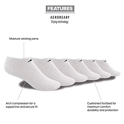 ADIDAS MEN'S ATHLETIC CUSHIONED NO SHOW SOCKS, SIZE LARGE, 6-PAIR, WHT/BLK - Brand New