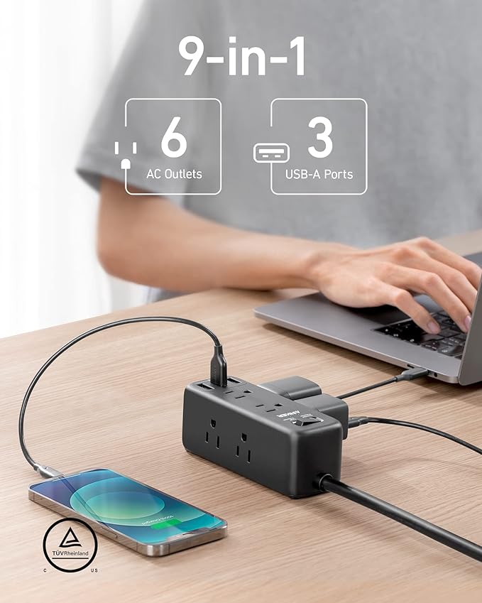 Anker USB Power Strip Surge Protector300J 5ft Extension Cord Flat Plug - Black - Like New