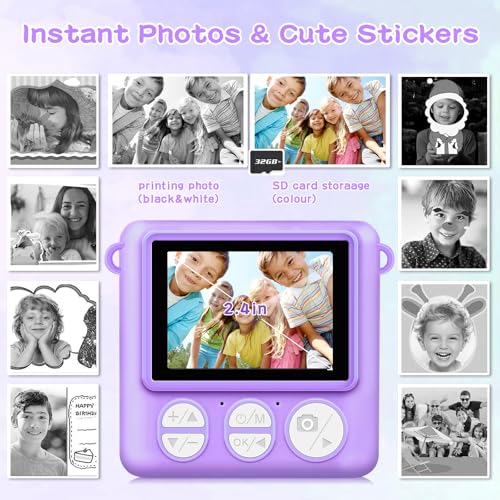 ENERHAMP CAMERA FOR KIDS INSTANT PRINT, BIRTHDAY GIFT WITH 32GB SD CARD - PURPLE - Like New