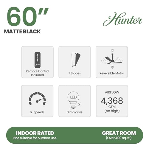 HUNTER FAN 60" CEILING FAN, LIGHT REMOTE, MODERN LIVING ROOM - MATTE BLACK - Like New