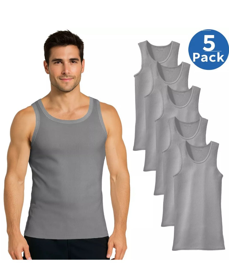 BLU ROCK RIBBED CLASSIC TANK TOPS – 5 PACK - SIZE: MEN S - HEATHER GRAY - Like New