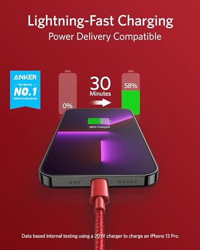 ANKER NEW NYLON USB-C TO LIGHTNING CHARGING CORD 6FT MFI A8622 - RED - Like New