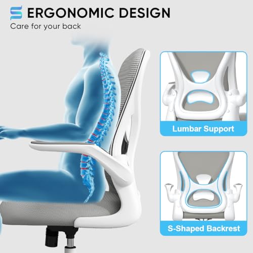 SYTAS ERGONOMIC DESK CHAIR WITH PADDED LUMBAR SUPPORT FLIP UP ARMS - WHITE/GRAY - Like New