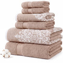 Modern Threads 6-Piece 100% Cotton Damask Medallion Towel Set, Taupe - Brand New