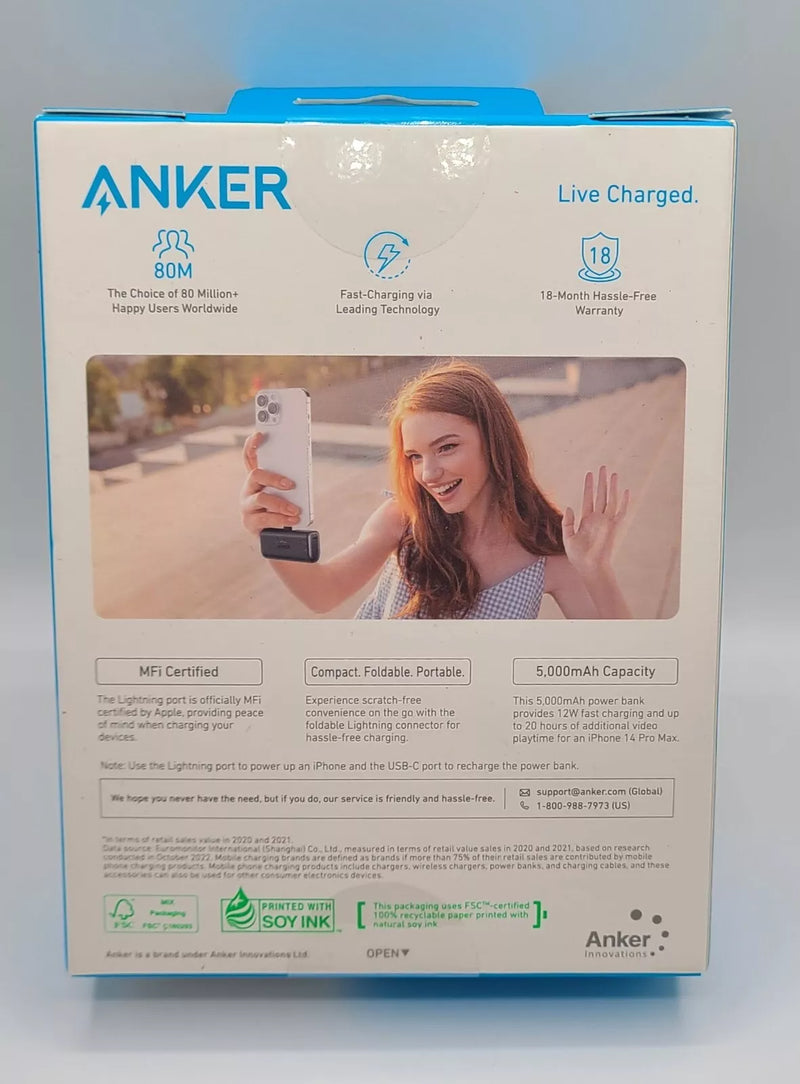 ANKER NANO POWER BANK 22.5W DUAL USB-C CONNECTOR MADE FOR APPLE PRODUCTS - BLACK - Brand New