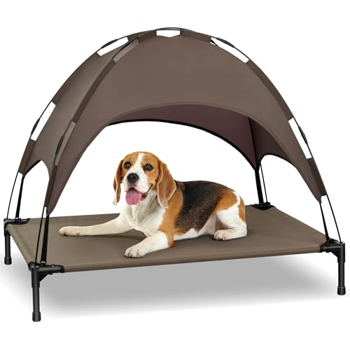 HEEYOO ELEVATED DOG BED WITH CANOPY PORTABLE DOG COT WITH REMOVABLE COTSQUC42BRN - Like New