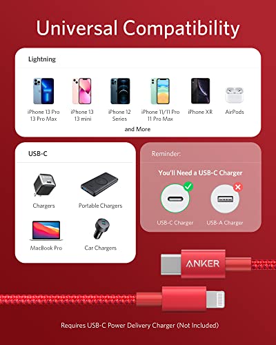 ANKER NEW NYLON USB-C TO LIGHTNING CHARGING CORD 6FT MFI A8622 - RED - Like New