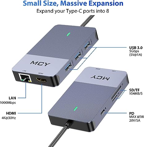 MCY Store USB C Docking Station MCY 8-in-1 Laptop 4K HDMI UCN3268 - Gray Like New