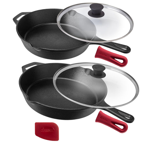 CUISINEL CAST IRON SKILLET WITH LID SET 10” AND 12" PO11033 - BLACK - Like New