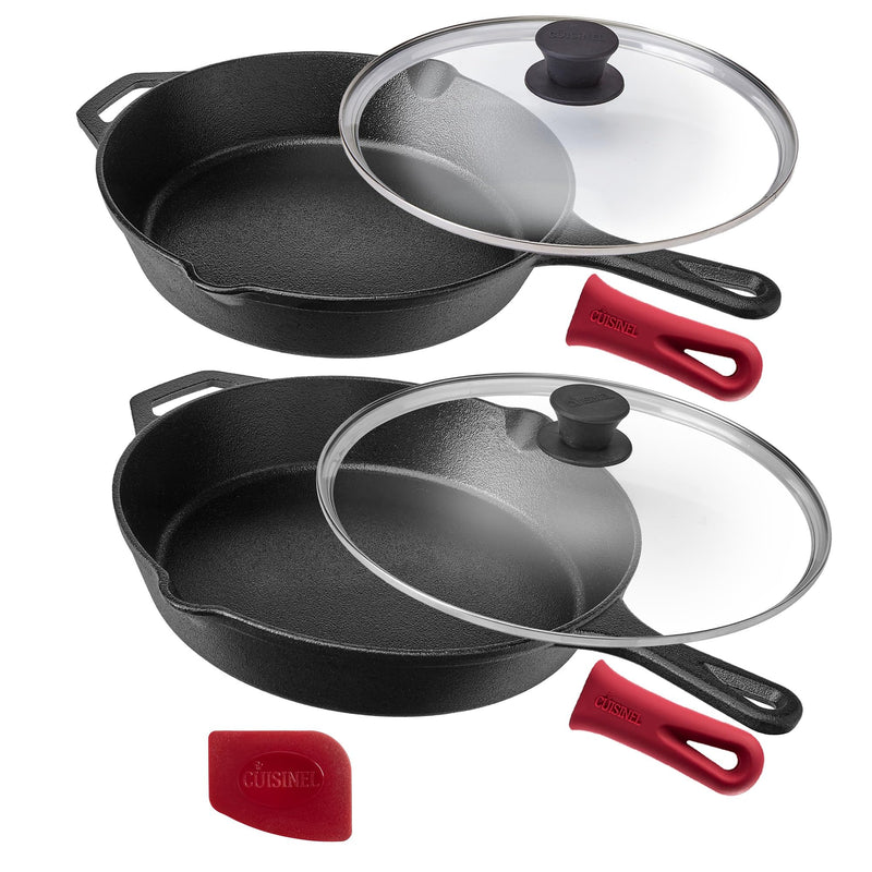 CUISINEL CAST IRON SKILLET WITH LID SET 10” AND 12" PO11033 - BLACK - Like New