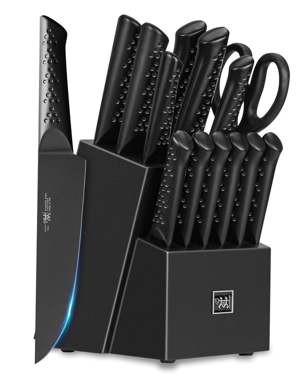 HUNTER Dual Knife Sets for Kitchen with Block, 15 Pieces CGRectSZ-10 - BLACK - Like New