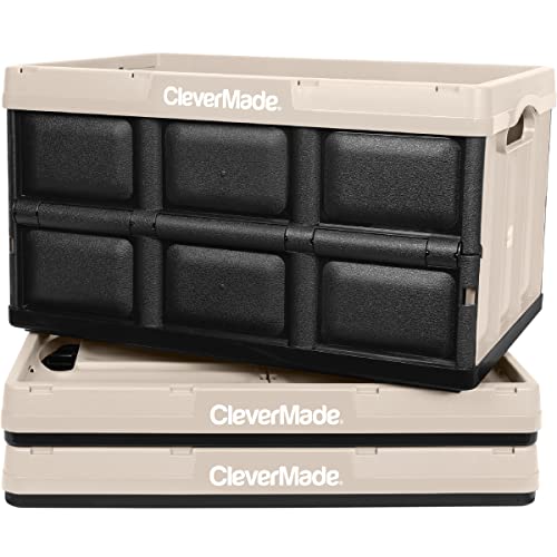 CLEVERMADE COLLAPSIBLE STORAGE BINS - TAN 3 PACK 46L - STACKABLE CONTAINERS - Like New