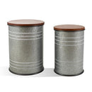 Glitzhome Rustic End Table Set of 2 Galvanized Metal Barrel Ottoman - Grey - Brand New