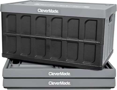 CLEVERMADE COLLAPSIBLE STORAGE BIN (WITH LID) - 46L (12 GAL), 3PACK - STONE - Like New