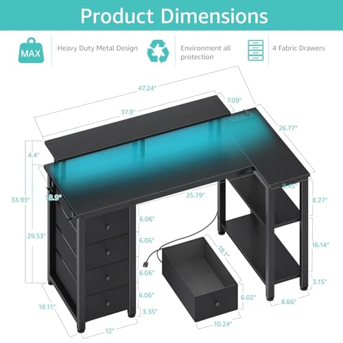 LUFEIYA BLACK L SHAPED DESK 47 INCH WRITING STUDY COMPUTER GAMING DESKS - Like New
