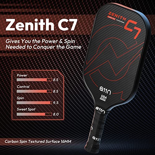 A11N SPORTS ZENITH PICKLEBALL PADDLE 16MM T-700 CARBON FIBER ELONGATED C7 RED - Like New