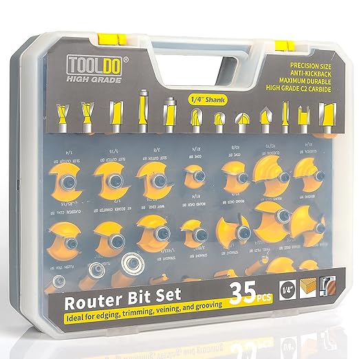 TOOLDO Router Bit Set 35 Pcs 1/4 inch Shank Professional Router Bit Kit - Yellow Like New