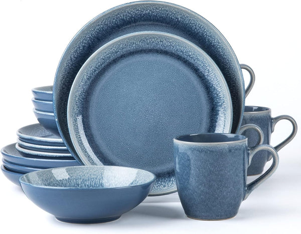 ARORA FAIT ROUND STONEWARE 16PC DINNERWARE SET - REACTIVE GLAZE BLUE Like New