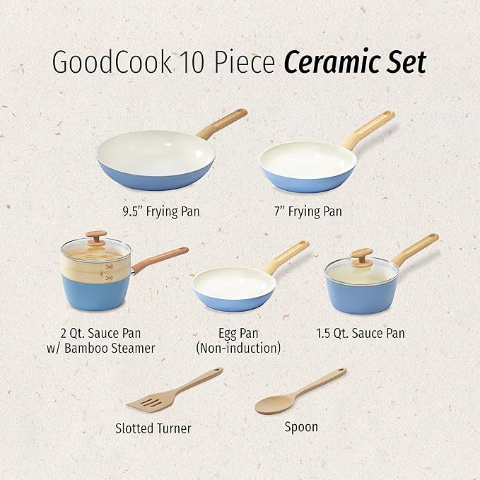 GOODCOOK 10-Piece Healthy Ceramic Titanium-Infused Cookware Set - Light Blue - Like New