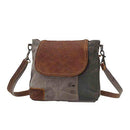 MYRA THE FLAP-OVER UPCYCLED CANVAS AND GENUINE LEATHER CROSSBODY BAG BROWN/GRAY - Brand New