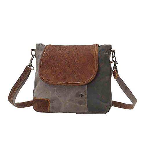 MYRA THE FLAP-OVER UPCYCLED CANVAS AND GENUINE LEATHER CROSSBODY BAG BROWN/GRAY - Brand New