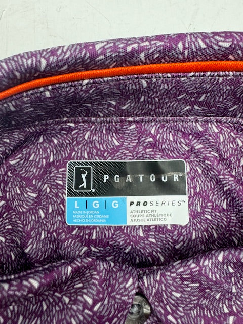 PGA TOUR MEN'S SHORT SLEEVE PRINTED GOLF POLO SHIRT - SIZE: MEN L - PURPLE - Brand New