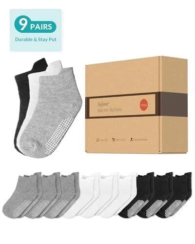 INFINNO BABY NON SLIP ANKLE SOCKS 9 PAIRS - ASSORTED (BLACK/WHITE/GRAY) - Like New