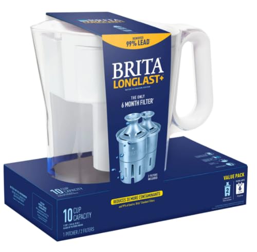 BRITA LARGE 10-CUP WATER FILTER PITCHER WITH 2 LONGLAST+ FILTERS, WAVE - Like New