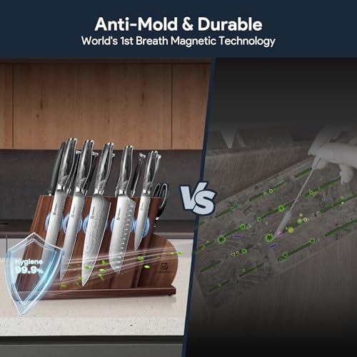 Piklohas 14 Pieces Kitchen Knife Set Magnetic Block Razor Sharp - Black/Cloud - Like New